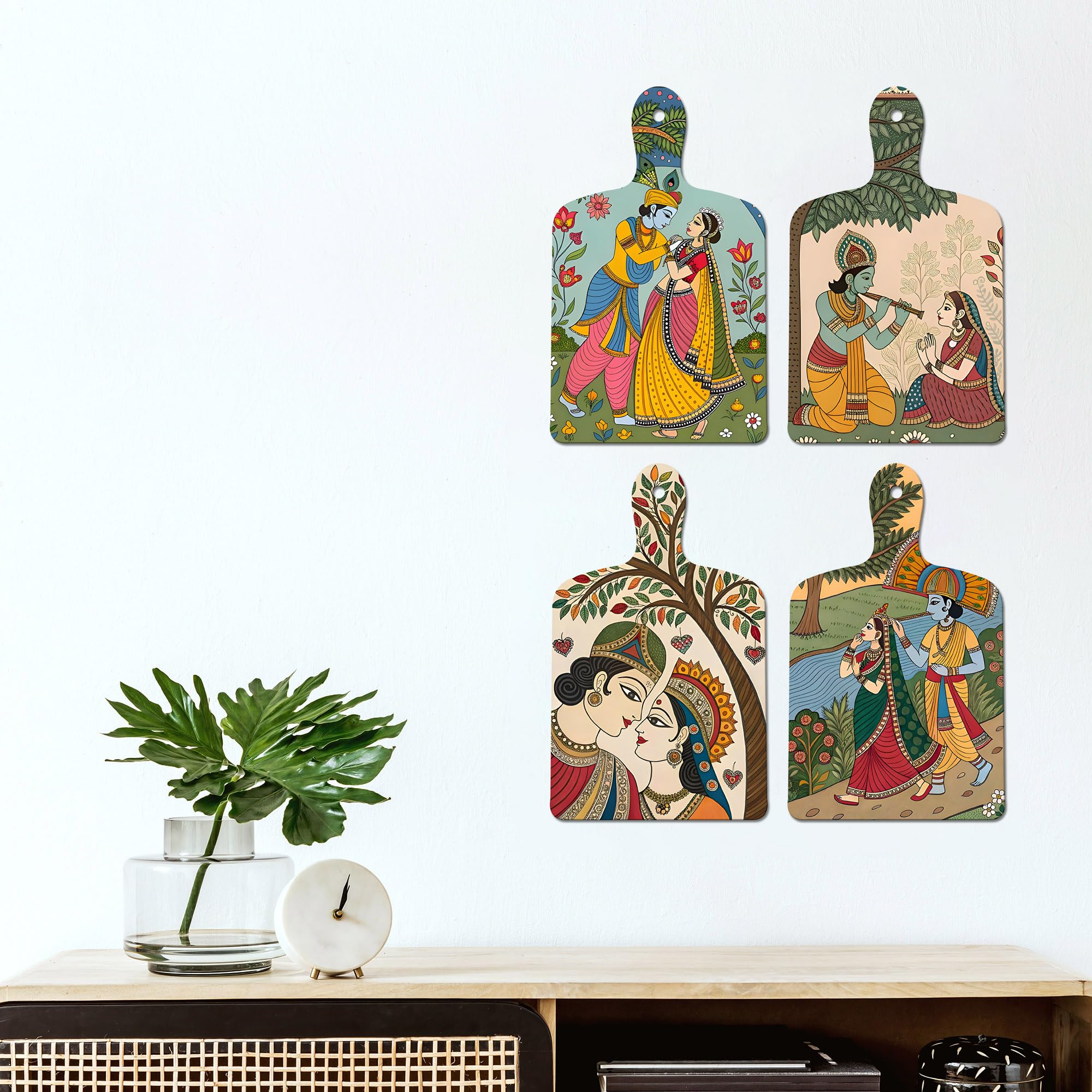 Artvibes Ethnic Indian Shri Radha Krishna Folk Art Wooden Wall Hanger for Home | Spiritual Decor Items | Wall Poster | Artwork| Stylish Modern Decor Item | Gift Items (WH_5647N), Set of 4