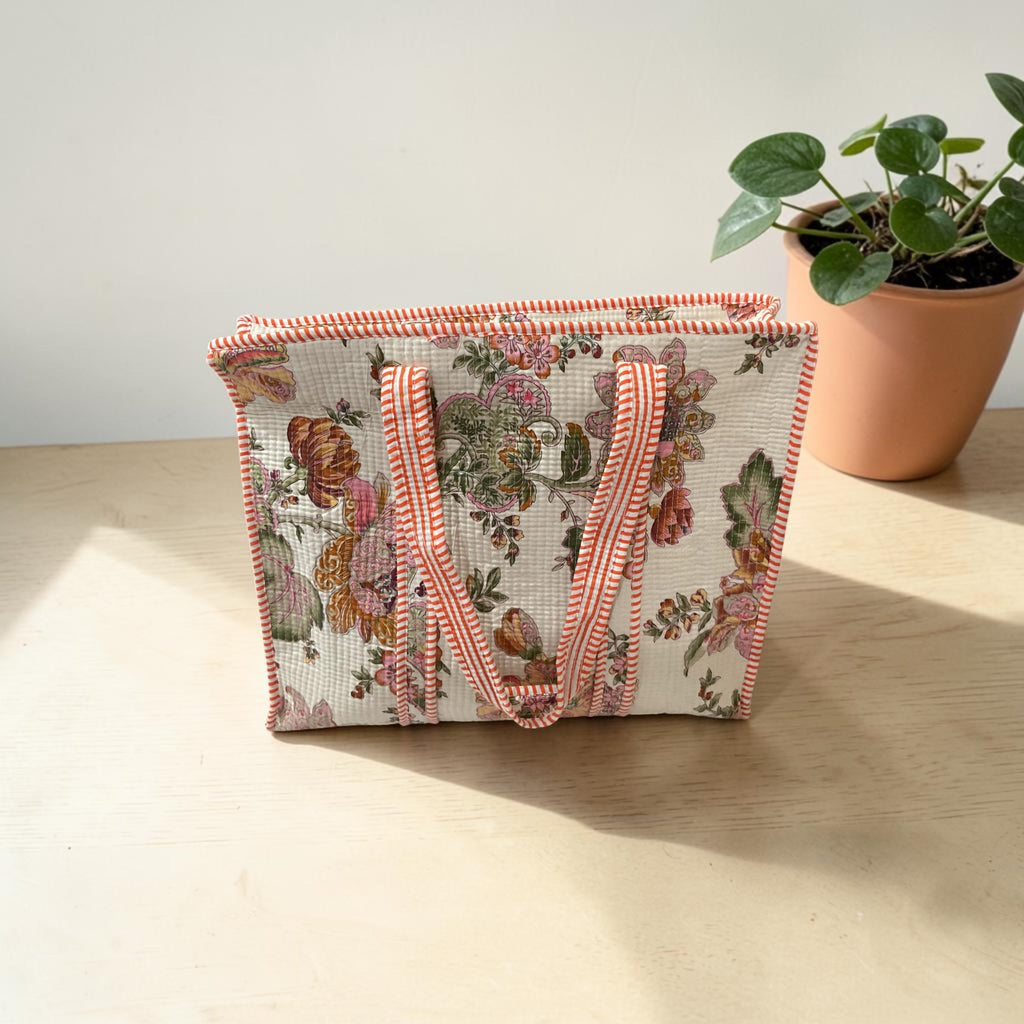 Mohinii Cotton Quilted Shopping Tote Bag, 18x18 Inch, Floral Print, White Red Striped