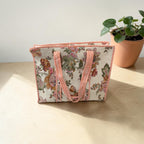 Mohinii Cotton Quilted Shopping Tote Bag, 18x18 Inch, Floral Print, White Red Striped