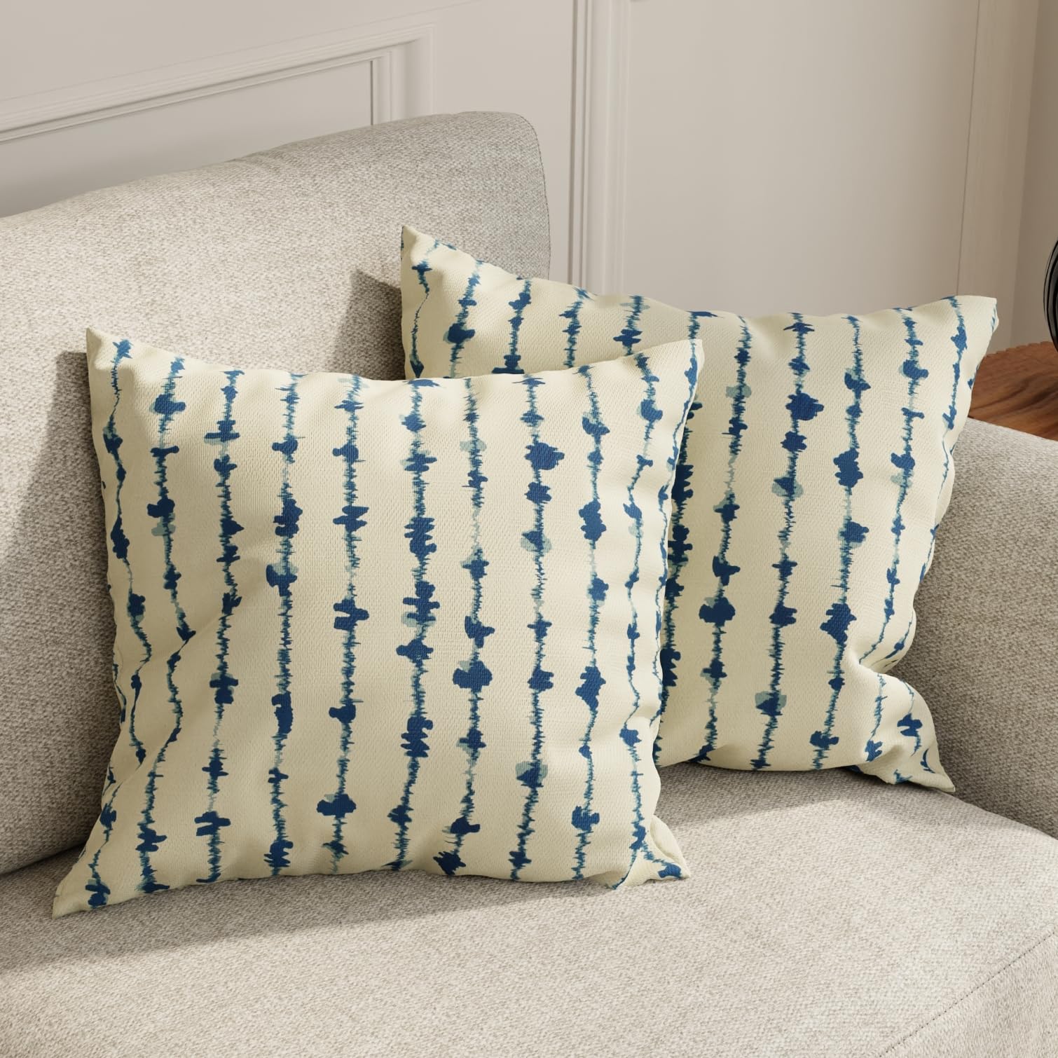 HUESLAND Premium Cotton Cushion Cover 16 x 16 inch Set of 2 | Decorative Throw Pillow Covers for Sofa, Living Room & Bedroom | Blue Vertical Stripes