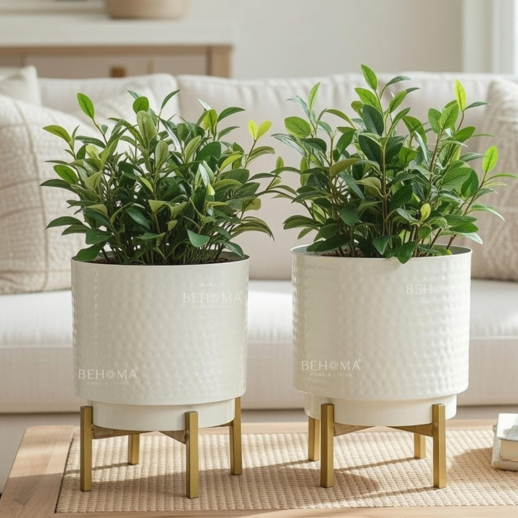 BEHOMA Hammered White Metal Indoor Planters Set - Set of 2