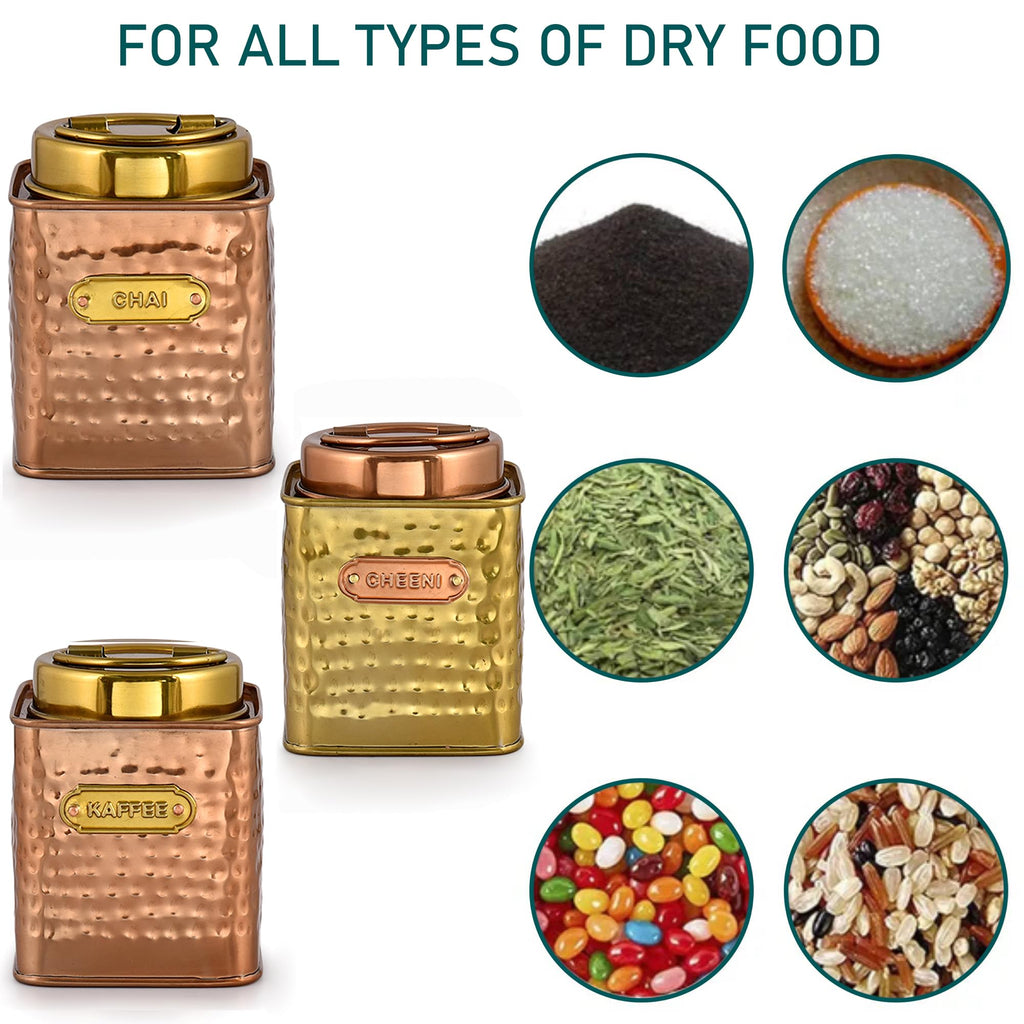 Elan Dabbahs and Days Stainless Steel Square Chai, Cheeni & Kaffee Multipurpose Canister, Kitchen Organizer Jar for Tea Sugar Coffee and Snacks (650 ml each, Set of 3, Copper and Antique Gold Finish)