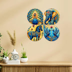 Artvibes Traditional Animal Wooden Art Decoration Item for Living Room | Festive Decor Art | Wall Art Painting For Hall | Graphic Artwork | Wall Illustrations | Gift Items (WH_8467N), Set of 4