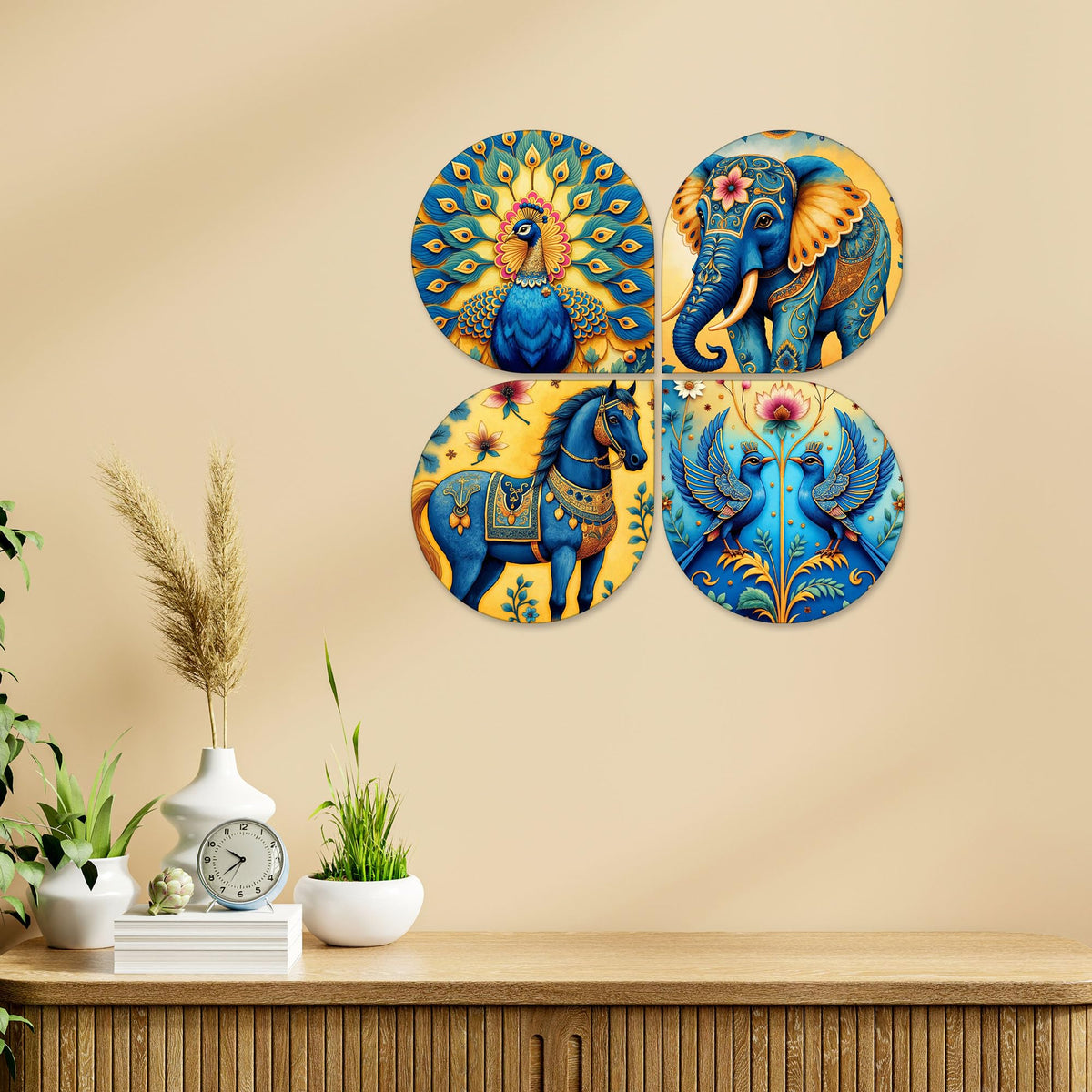 Artvibes Traditional Animal Wooden Art Decoration Item for Living Room | Festive Decor Art | Wall Art Painting For Hall | Graphic Artwork | Wall Illustrations | Gift Items (WH_8467N), Set of 4