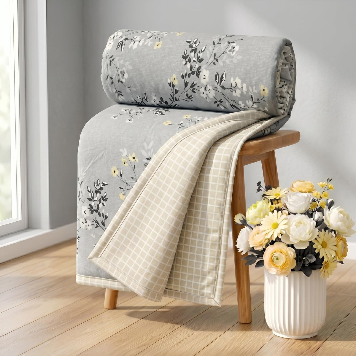 HOMEKART Premium 100% Cotton Dohar for Double Bed | Reversible AC Blanket | Lightweight All Season Comforter | Soft & Breathable Summer Quilt for Adults | 150 GSM | 88 x 85 Inches (Scandinavian Grey) Kafalo