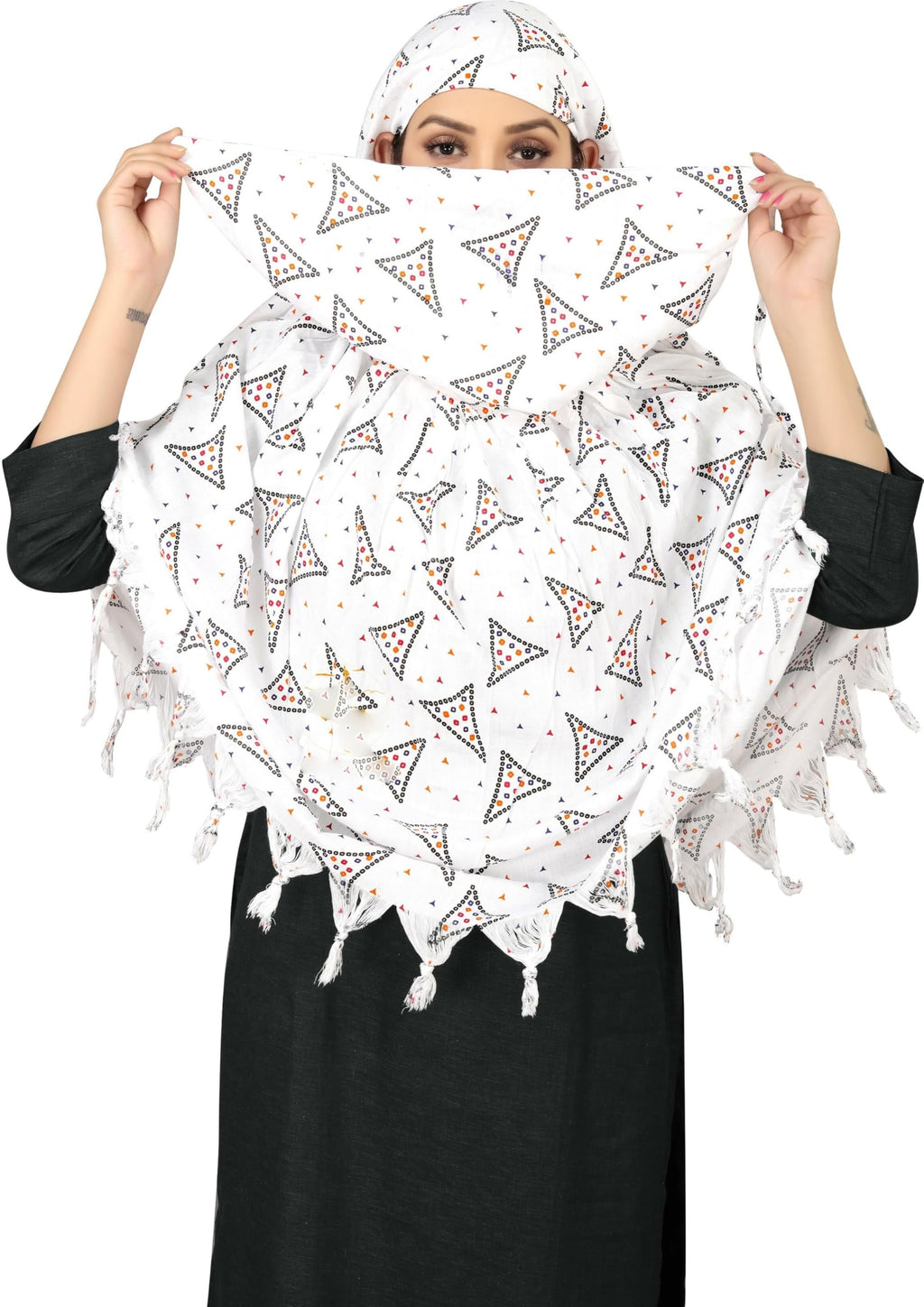 Sclout Soft Cotton Breathable Sun Protection Scarf Dupatta Usable for vehicle Driver | White Printed Design Stoles | Universal Size | For Girl & Women | Light Weight (Scarf - Samosa)