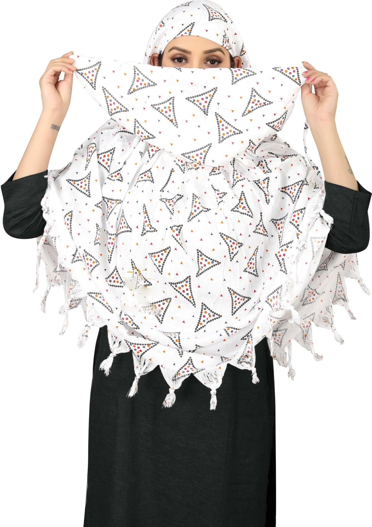 Sclout Soft Cotton Breathable Sun Protection Scarf Dupatta Usable for vehicle Driver | White Printed Design Stoles | Universal Size | For Girl & Women | Light Weight (Scarf - Samosa)