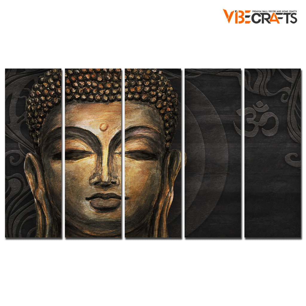 VIBECRAFTS Divine Gautam Buddha Face 5 Pieces Canvas Wall Painting For Home | Office | Living Room | Gift (PTVC5Pcs4_8527)