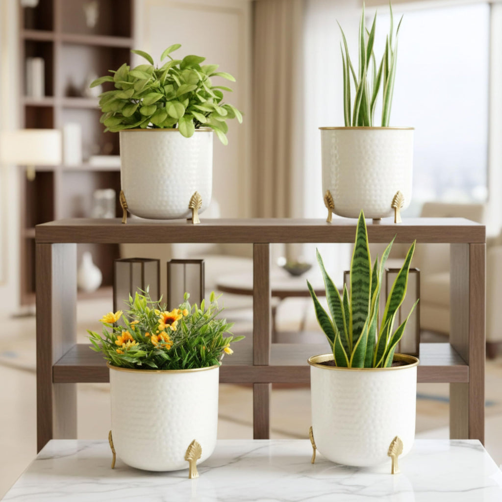 BEHOMA Metal Hammered White Planter with Golden Leaf Stand