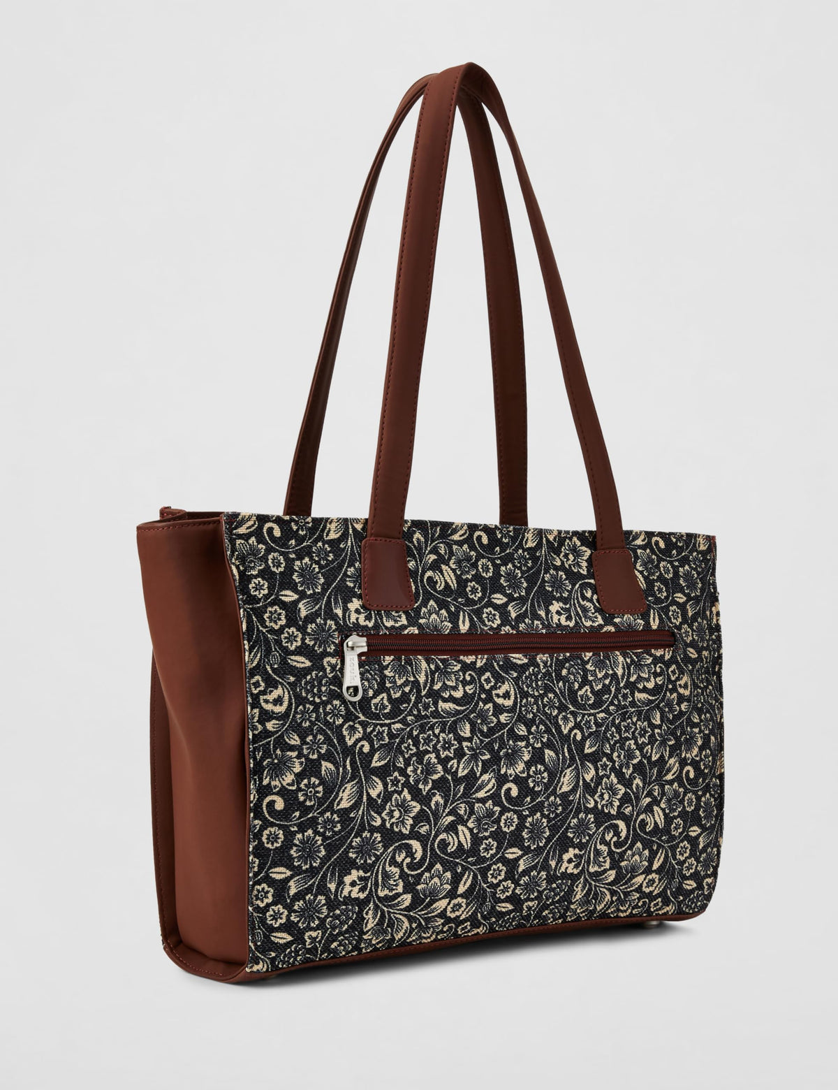 ZOUK FloMotif Floral Printed Jute Handcrafted Vegan Leather Women's Black Structured Tote Bag Contemporary