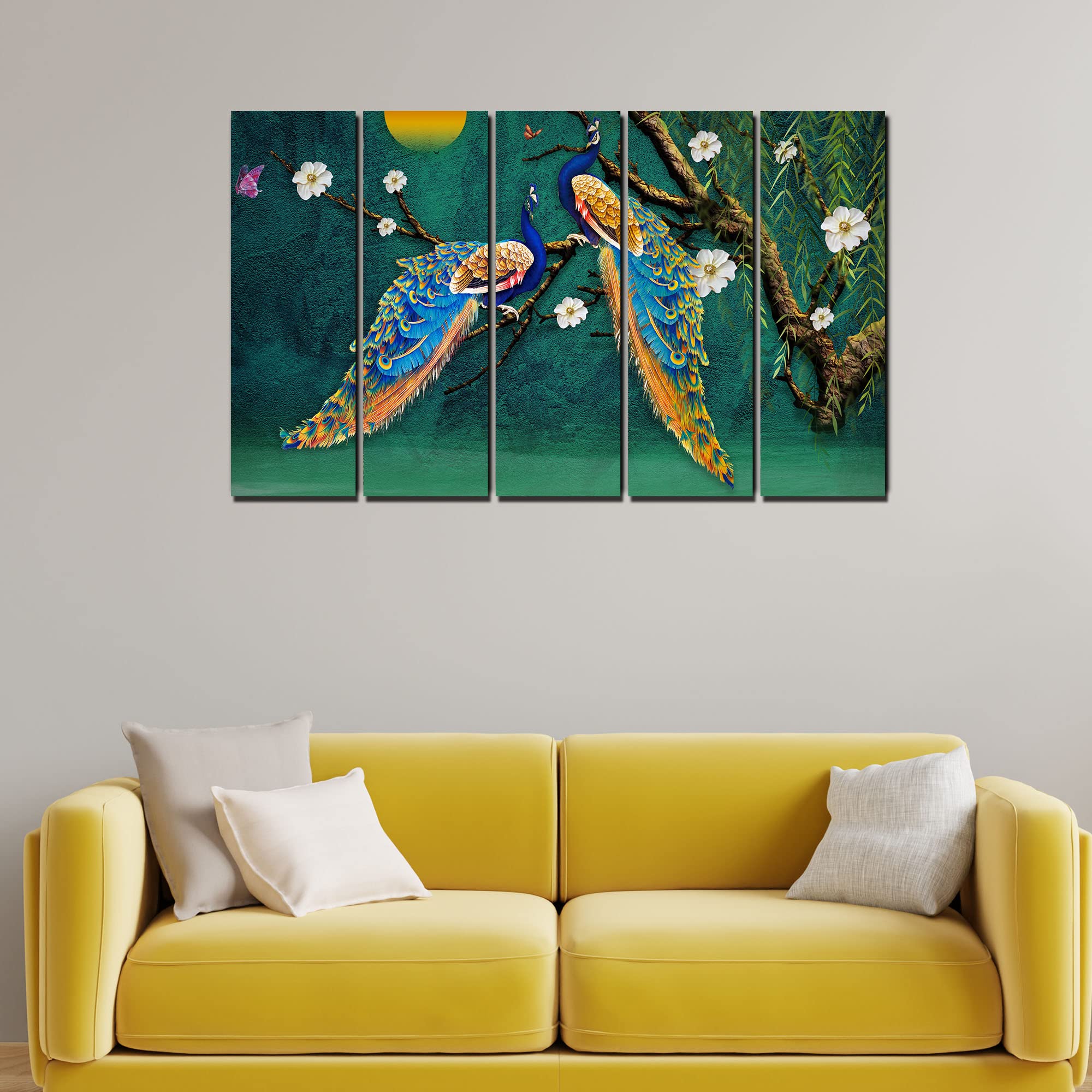 VIBECRAFTS Beautiful Pair of Peacock 5 Pieces Canvas Wall Painting For Home | Office | Living Room | Gift (PTVC5Pcs4_8528)