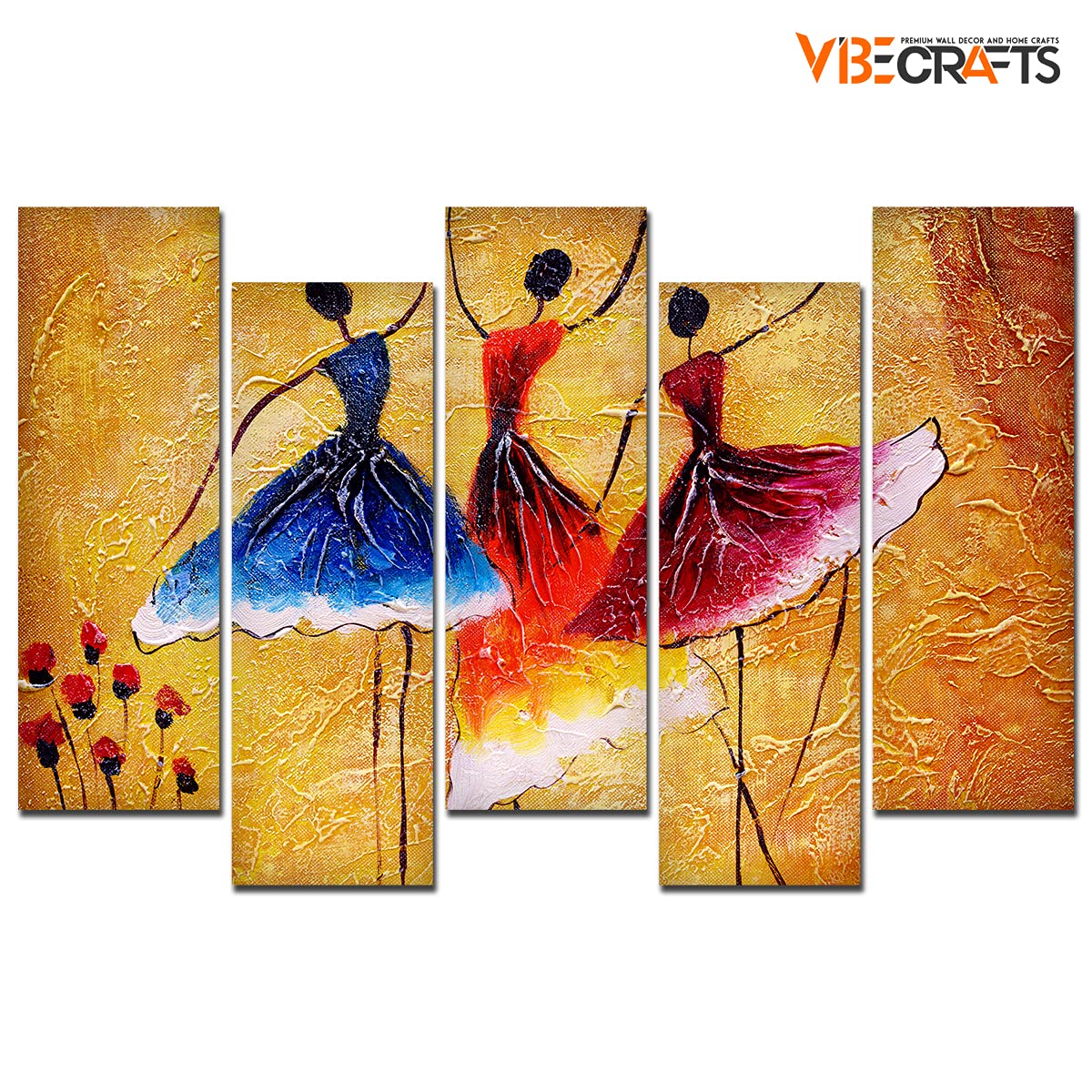 VIBECRAFTS Premium 5 Pieces Wall Painting of Three Women doing Spanish Dance For Home|Office|Living Room|Gift (PTVC5Pcs3_7503)