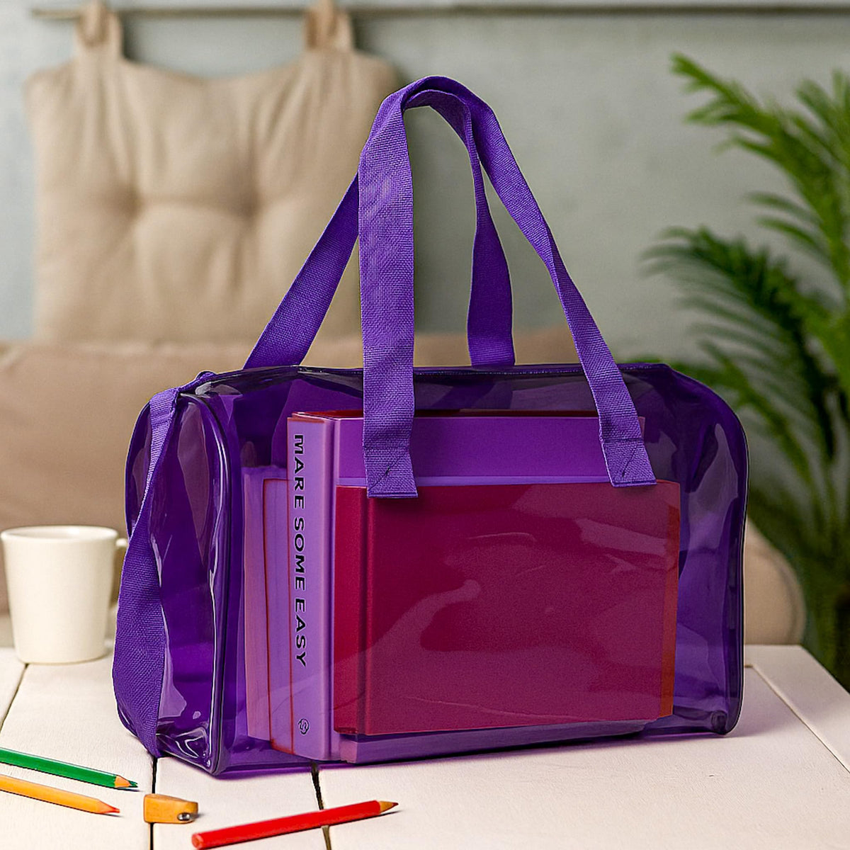 THE BLING GLOBAL Transparent PVC Duffle Bag For Kids,Jelly Shoulder Bag, Stylish Clear Handbag with Double Handles, for Rakhi Gift, Kids Bag for Rakhi Celebration, (Purple)