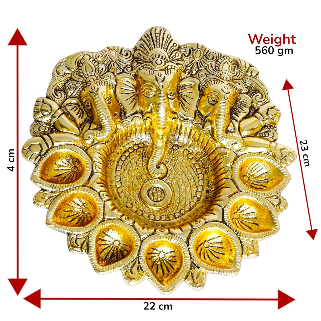 KridayKraft Metal Ganesha Puja Thali with Diya Ganpati Pooja Thali for Puja Room Mandir Temple Ganesha Murti Idol Pooja Thali for Diwali Poojan Decorative Showpiece