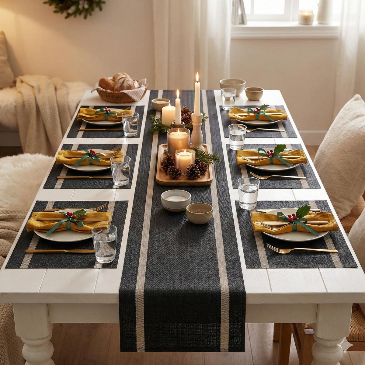YELONA Dining Table Placemats and Runner Set - Heat Resistant, Washable, Stain Resistant Mats - Woven Vinyl Plastic - Easy to Clean-(45x30 cm 6 Placemats, 135x30 cm 1 Runner)-Ideal for Stylish Dining Kafalo
