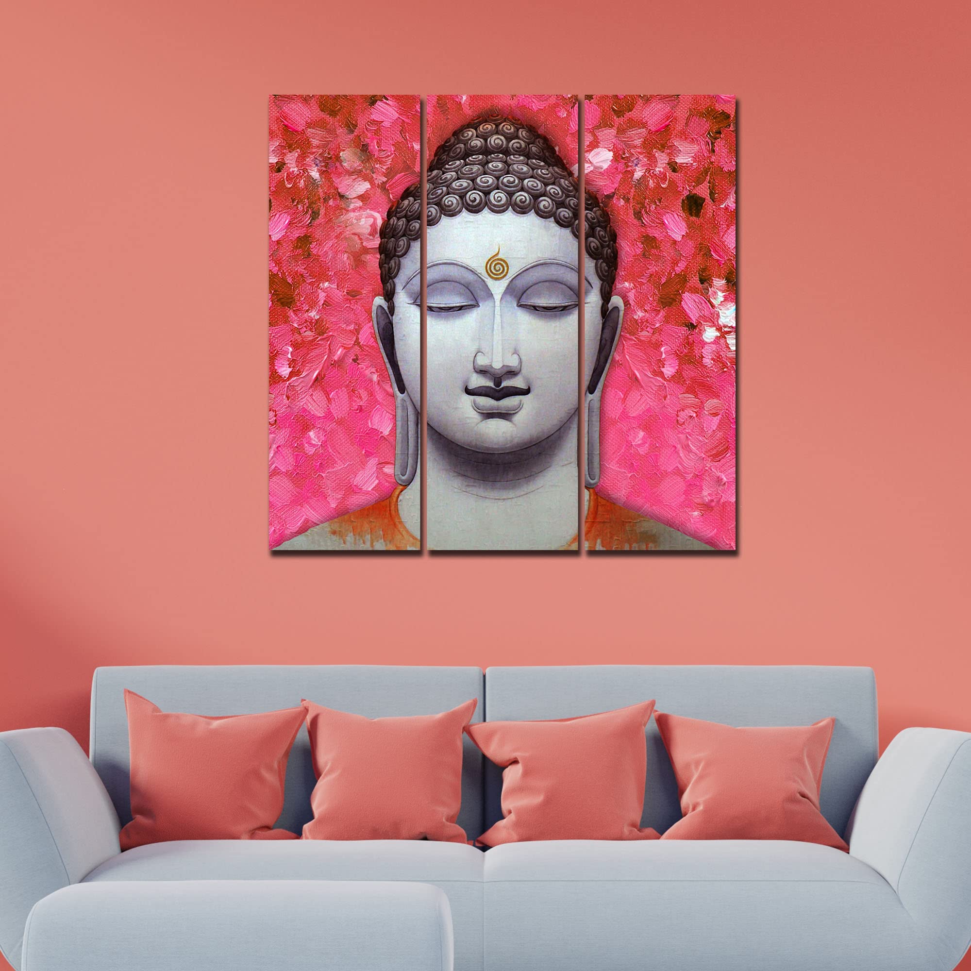 VIBECRAFTS 3 Pieces Spiritual Gautam Buddha Canvas Wall Painting Fitted With Wooden Frame For Home | Office | Living Room | Gifts (PTVC3Pcs1_9591)