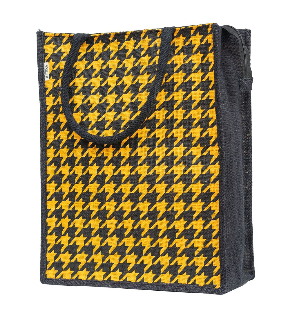 JUTEKA Tangy Houndstooth Printed Jute Lunch Bag - Grocery, Tote, Hand, Picnic Bag for Men, Women, Girls, Kids With Zip