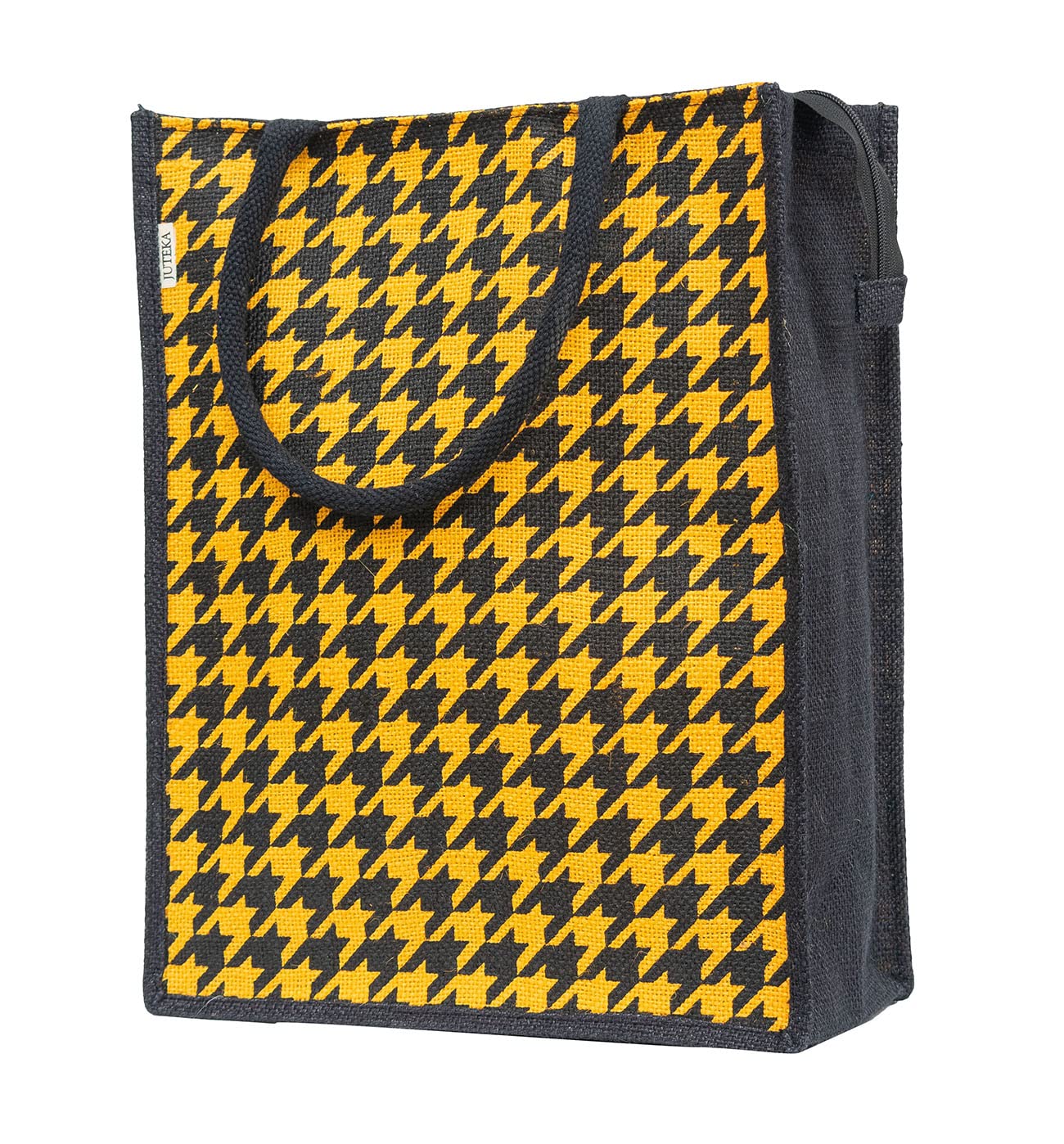 JUTEKA Tangy Houndstooth Printed Jute Lunch Bag - Grocery, Tote, Hand, Picnic Bag for Men, Women, Girls, Kids With Zip