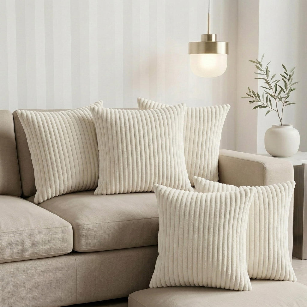 Yellow Weaves Pencil-Stripe Fur Cushion Covers | Soft Polyester | Decorative Sofa & Throw Pillow Covers | 16x16 Inches, Pack of 5 (Ivory)