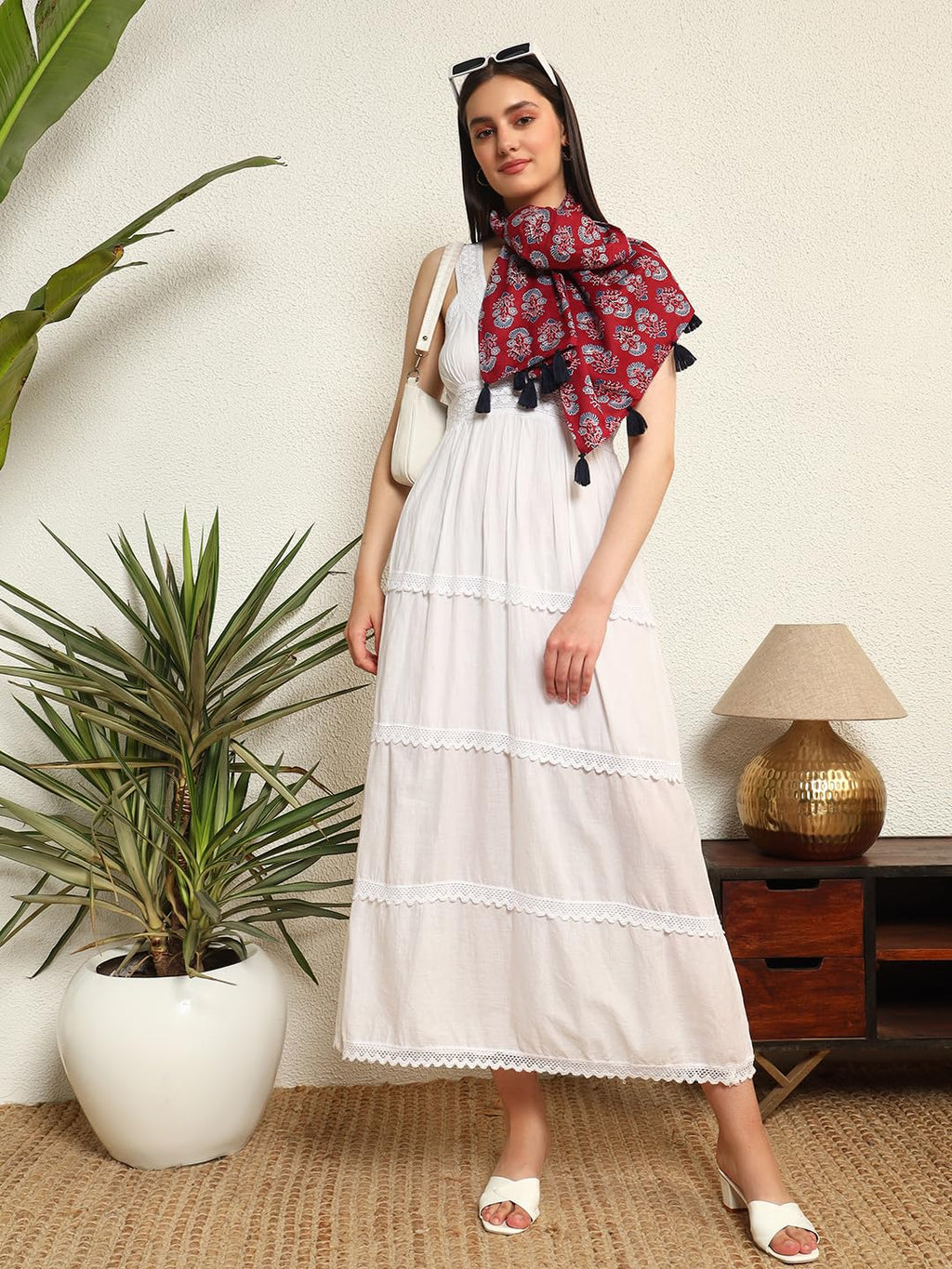 Ravaiyaa - Attitude is everything Hand Block Printed Cotton Long Stole Hijab Neck Wrap Scarf With Tassel 71 X 21 Inch (Maroon White Floral)