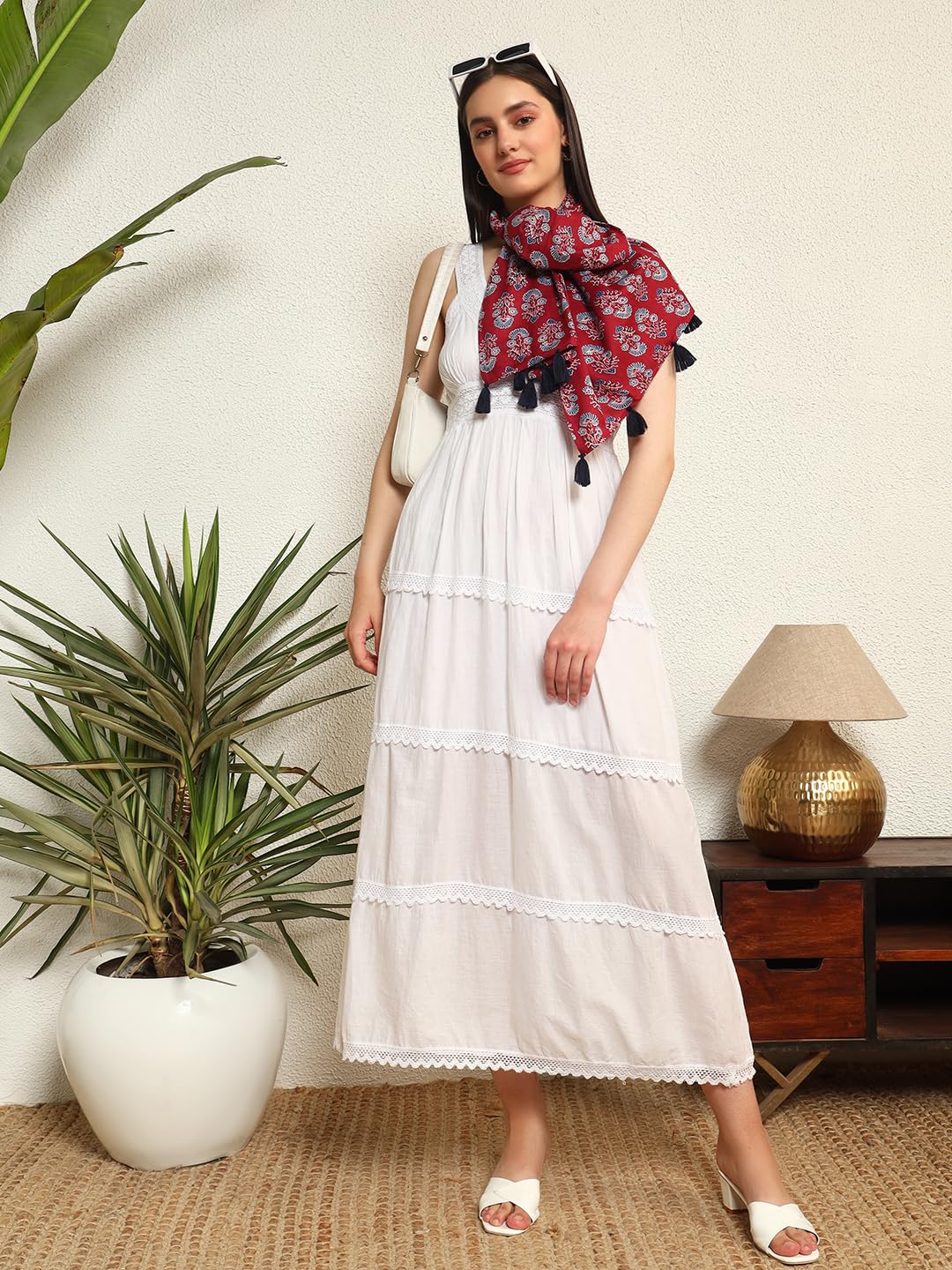 Ravaiyaa - Attitude is everything Hand Block Printed Cotton Long Stole Hijab Neck Wrap Scarf With Tassel 71 X 21 Inch (Maroon White Floral)