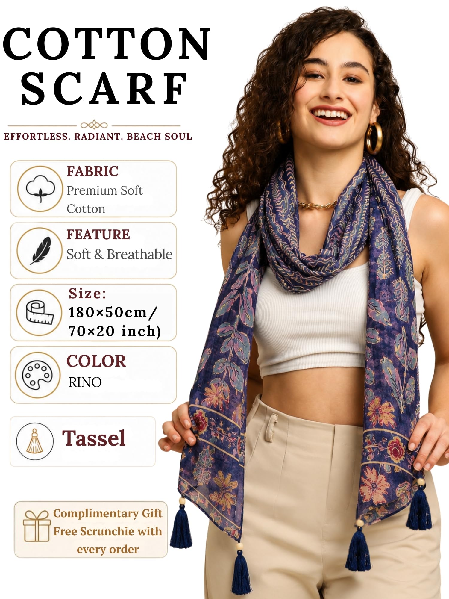GALE GIRLS Cotton Scarf For Women Stylish|Beach Tassel Printed Scarf|Multicolor|Easily fits 180 * 50cm|70x20 Inch