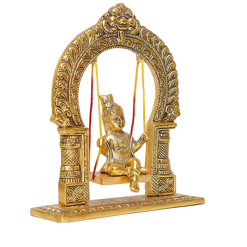Prince Home Decor & Gifts Metal Bal Krishna Jhoola Showpiece for Gifting and Home Decor (Gold, 9 inches)