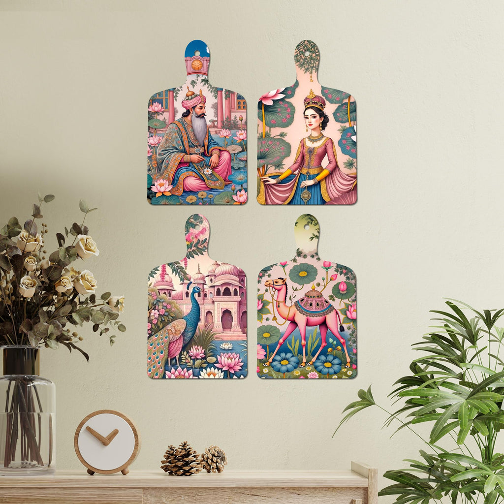 Artvibes Camel Peacock & Beautiful Women Royal Pichwai Art Wooden Wall Hanger for Home Decor | Printed Wall Decoration | Graphic Artwork | Aesthetic Wooden Decor | Ideal Gifts (WH_5626N), Set of 4