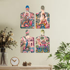 Artvibes Camel Peacock & Beautiful Women Royal Pichwai Art Wooden Wall Hanger for Home Decor | Printed Wall Decoration | Graphic Artwork | Aesthetic Wooden Decor | Ideal Gifts (WH_5626N), Set of 4