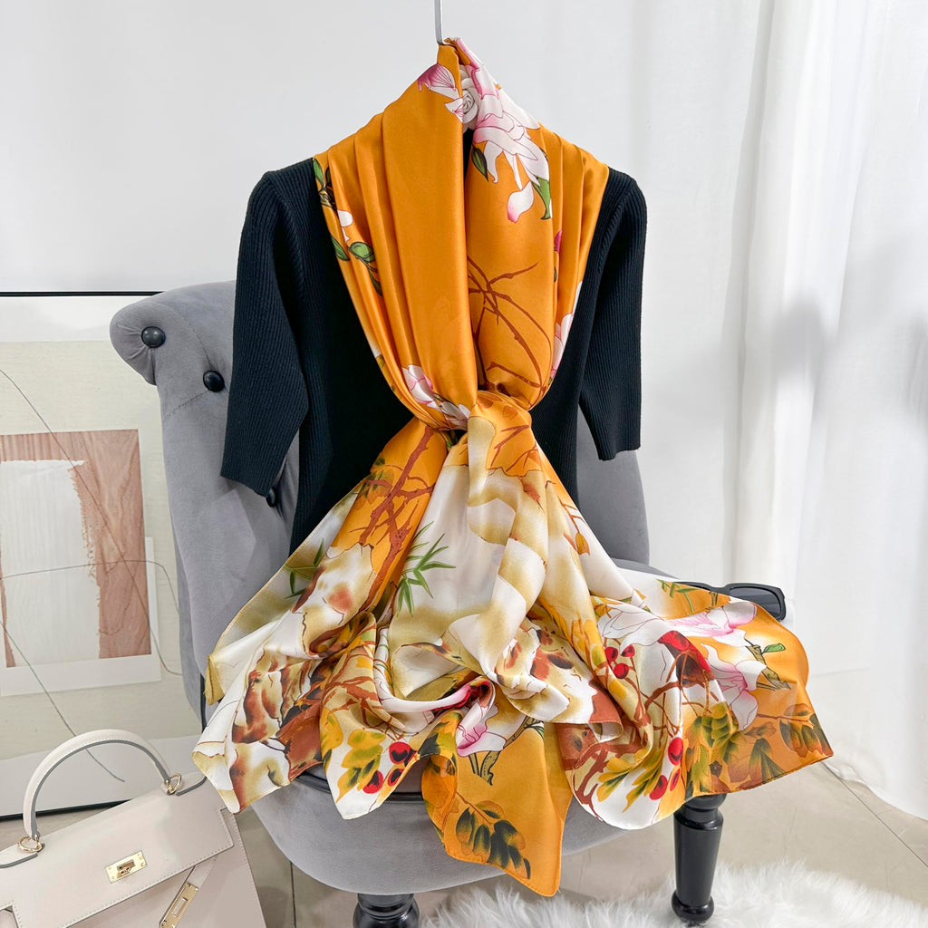 MALINA Floral Print polyester Silk Satin Stole, Orange with White Blossoms, Bamboo Leaf Pattern, Fashion Wrap Scarf,Summer Stole