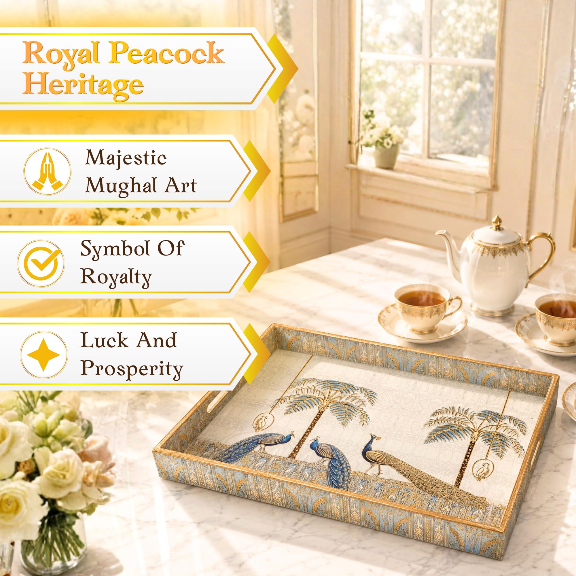 Pavitra Uphaar Peacock Serving Tray, Handcrafted Solid Wood Decorative Tray, Blue & Gold Indian Heritage Design, Tea & Snack Serving Platter, Coffee Table Tray, Housewarming & Festive Gift