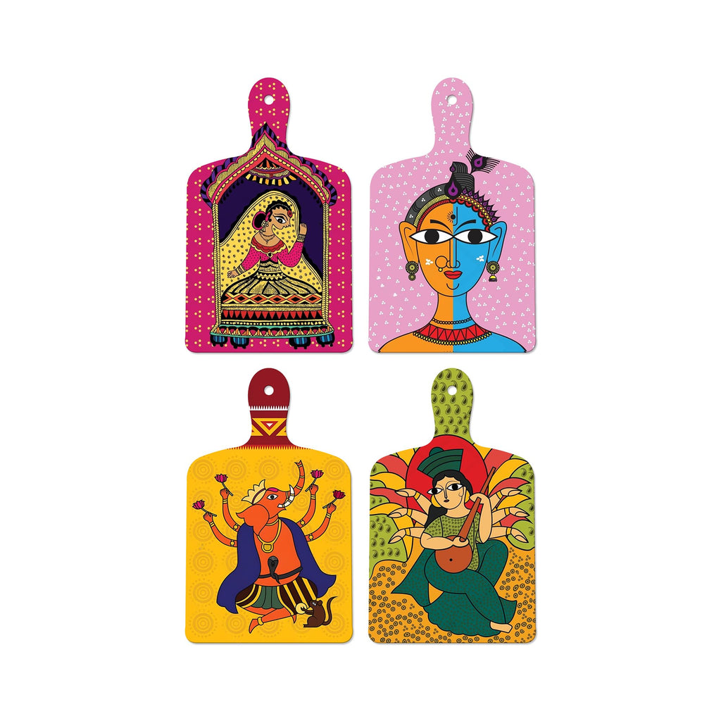 Artvibes Lord Ganesha & Mooshak Raj Ethnic Indian Classical Art Auspicious Wooden Art Work Wall Hanging | Spiritual Decor Items | Paintings | Wall Poster | Unique Gift Items (WH_5641N), Set of 4