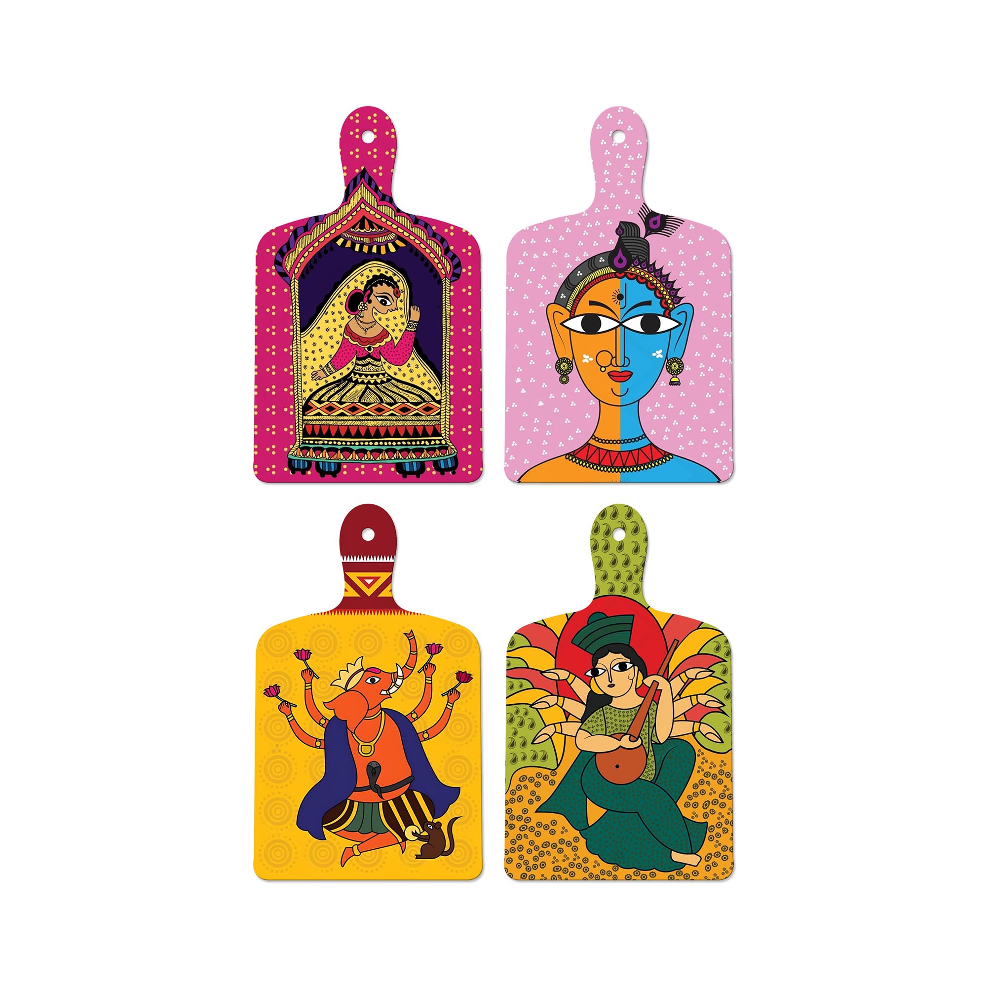 Artvibes Lord Ganesha & Mooshak Raj Ethnic Indian Classical Art Auspicious Wooden Art Work Wall Hanging | Spiritual Decor Items | Paintings | Wall Poster | Unique Gift Items (WH_5641N), Set of 4