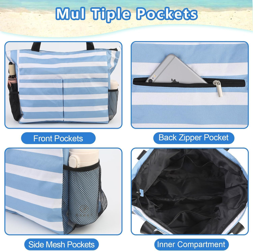 hirTa Roof Tote Bag for Teacher Women Office Girls Work Multipurpose Zipper Pocket Travel Grocery Beach Hobo Handbag Waterproof Sandproof Lightweight Pool (Light Blue White Strap)
