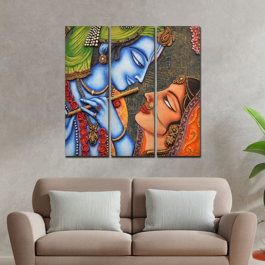 VIBECRAFTS Beautiful Radha Krishna 3 Pieces Canvas Wall Painting Fitted With Wooden Frame For Home | Office | Living Room | Gifts (PTVC3Pcs1_9549)