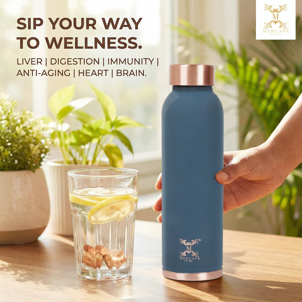 MERCAPE Pure Copper Color Water Bottle 950 ml | Matte Finish Reusable Metal Bottle with Leak-Resistant Cap | Suitable for Home, Office & Travel (Matte Blue)