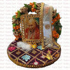 Tickle Cart Jai GURU JI | Guruji Darbar Includes Guruji Swaroop, Charan Paduka and Gold Plated Butterfly on mat | Imported Wood | Premium Fabric | Color : Multicolor