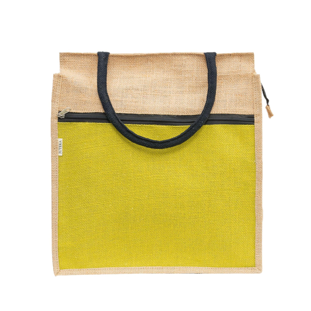 JUTEKA Front Zip Pocket Yellow color Jute Bag for Lunch, Office, Grocery, Picnic, Tiffin, Shopping Hand Bag with padded cotton handles