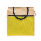 JUTEKA Front Zip Pocket Yellow color Jute Bag for Lunch, Office, Grocery, Picnic, Tiffin, Shopping Hand Bag with padded cotton handles