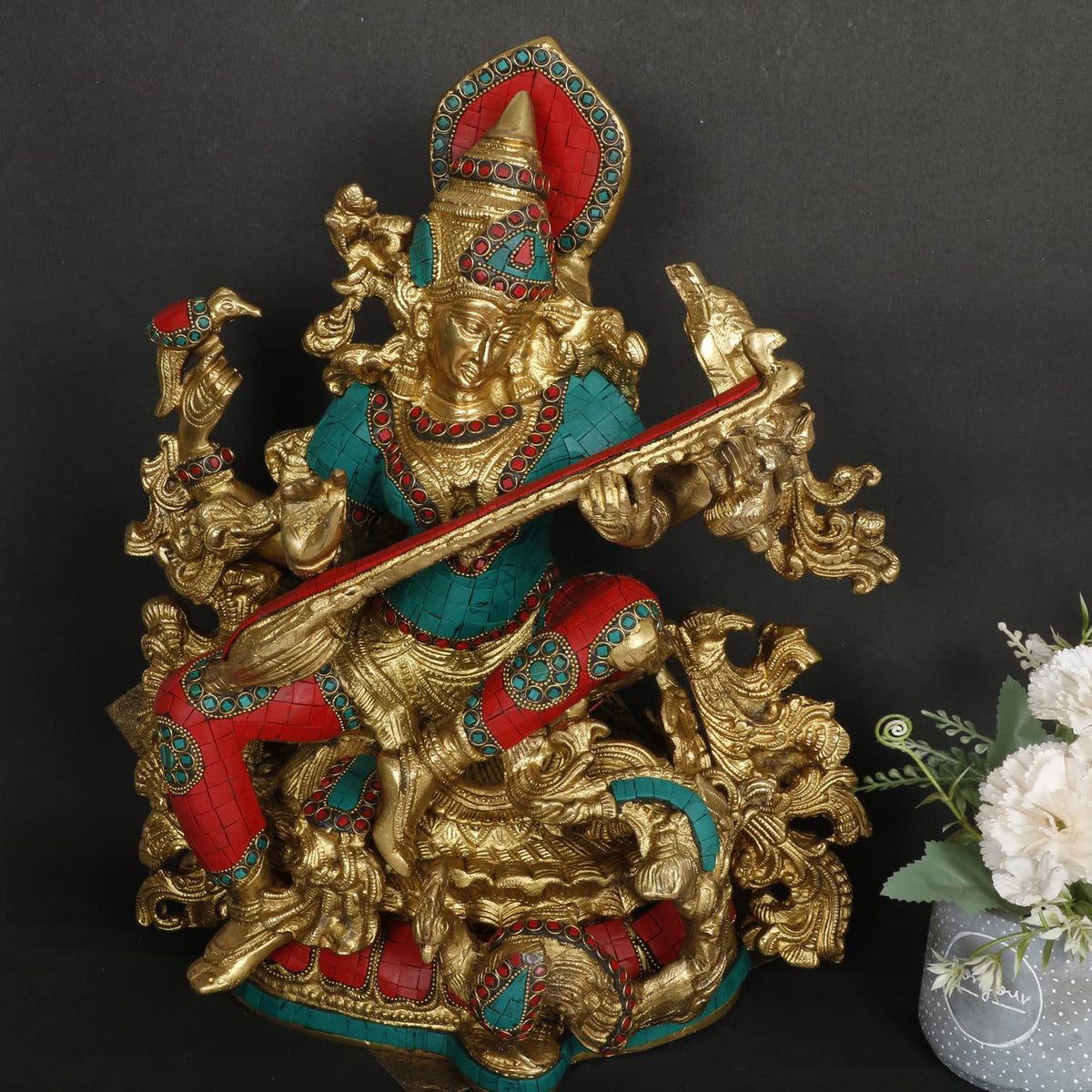 ARTVARKO Big Brass Saraswati Multicolor Statue Sitting Education Study Vidya Devi Idol Spiritual Puja Vastu Showpiece Religious Murti Sculpture Knowledge Music & Art 16 Inches