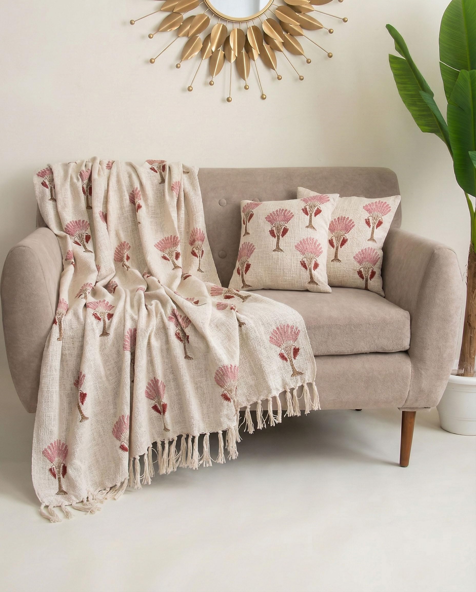 DMAASA 100% Cotton Sofa Throw Blanket with 2 pcs Cushion Covers Lightweight Decorative Couch & Bed Throw (Pack of 3, Floral Tree Print) Kafalo