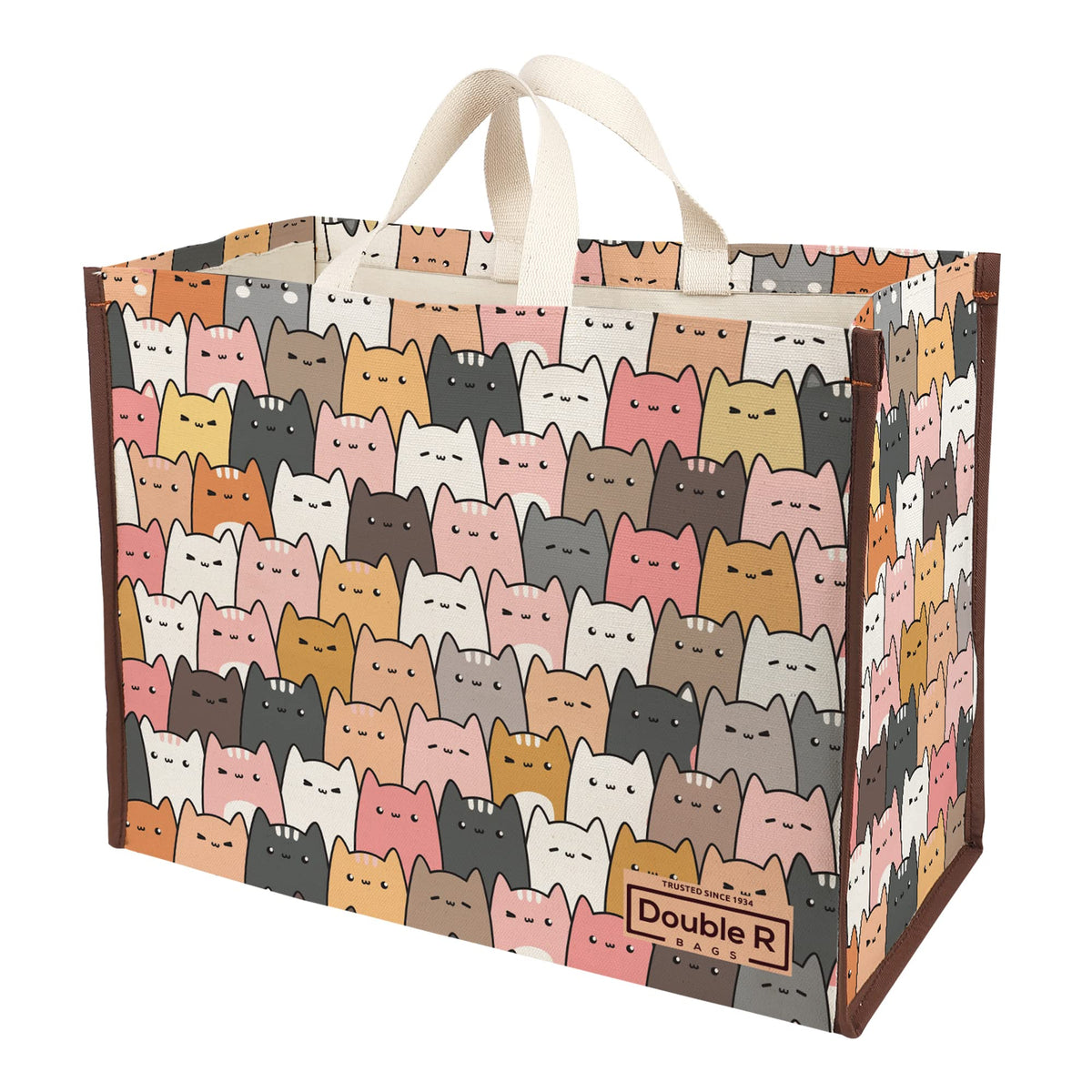 DOUBLE R BAGS Heavy Duty Cotton Canvas Grocery Shopping Bag | Eco-Friendly Cloth Tote for Vegetables, Milk, Fruits & Lunch | 44 x 20 x 33cm | 1 Compartment | Pack of 1 Catkitten Print