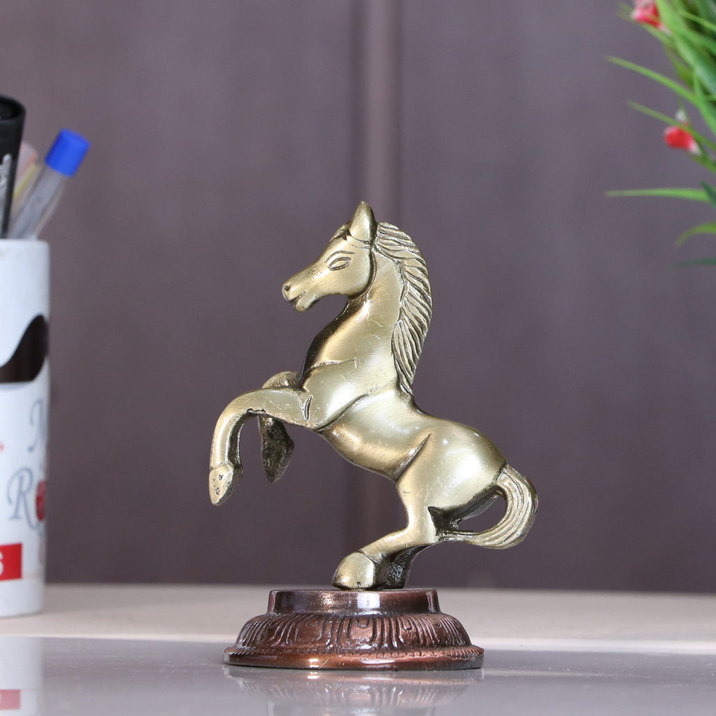 KridayKraft Jumping Horse Metal Statue for Wealth Table Top Figurine for Living Room Bedroom Home Office Animal Decorative Showpiece Feng Shui Vanstu Sculpture for Gift Purpose. (Brass)