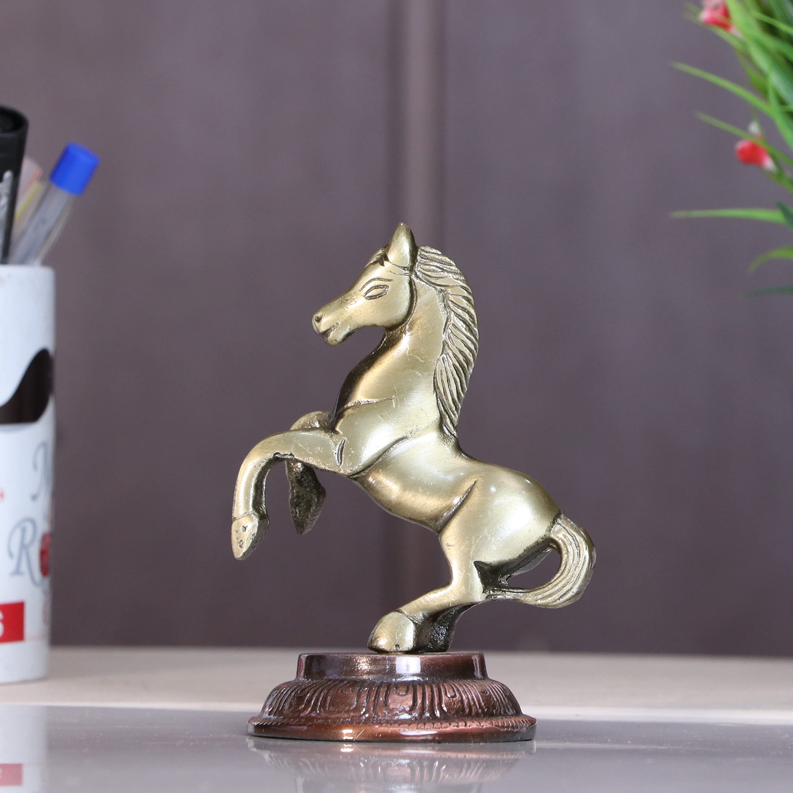 KridayKraft Jumping Horse Metal Statue for Wealth Table Top Figurine for Living Room Bedroom Home Office Animal Decorative Showpiece Feng Shui Vanstu Sculpture for Gift Purpose. (Brass)