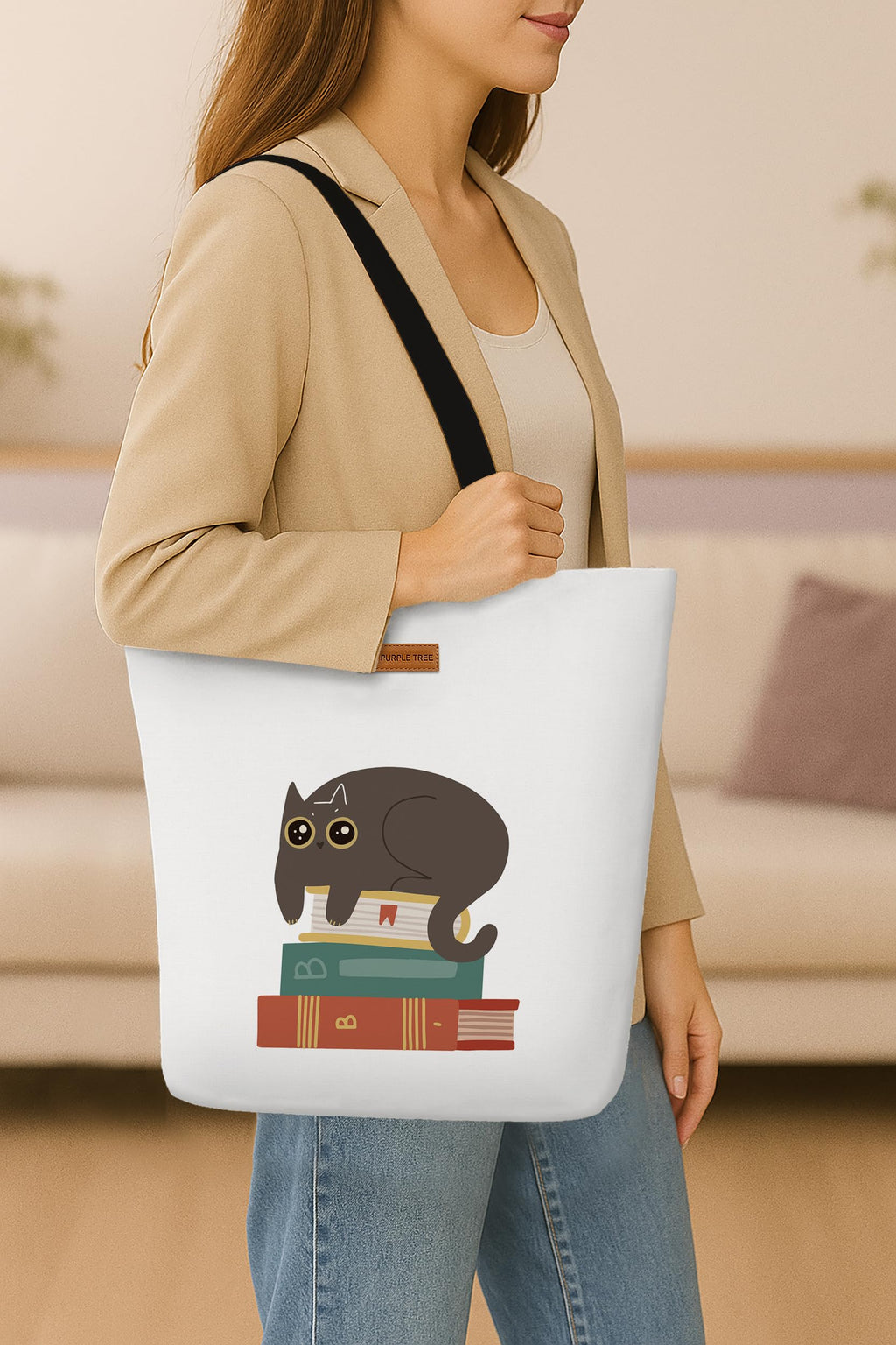 The Purple Tree Eco-Friendly Canvas Tote Bag, Sustainable, Reusable Shopping, Beach, Travel or Everyday Tote, Wide Tote Bag, Cute Cat