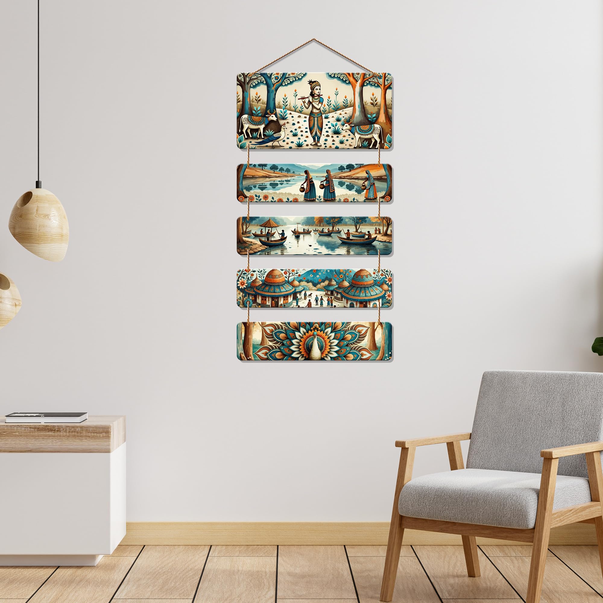 Artvibes Shri Krishna & Rural Life Wall Hanging Home Decorative Wall Art for Living room | Spiritual Decor Items | Wall Sculpture | Signs & Plaques | Artwork | Painting | Gift Items (WH_6715N)