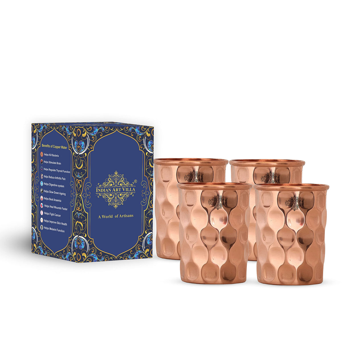 INDIAN ART VILLA Pure Copper Plain Glass with Diamond Hammered Design, Drinking Serving Water, Yoga Ayurveda, Volume-300 ml, Pack of 4