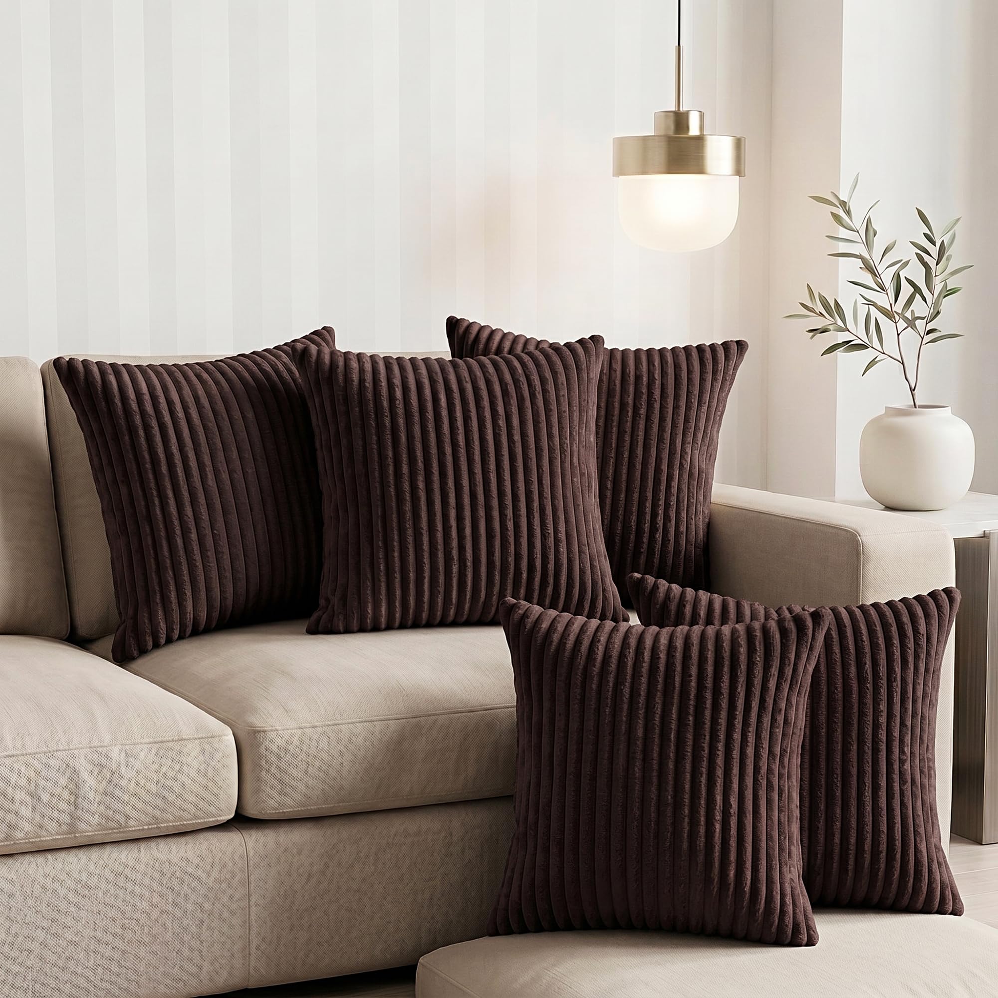 Yellow Weaves Pencil-Stripe Fur Cushion Covers | Soft Polyester | Decorative Sofa & Throw Pillow Covers | 16x16 Inches, Pack of 5 (Coffee)