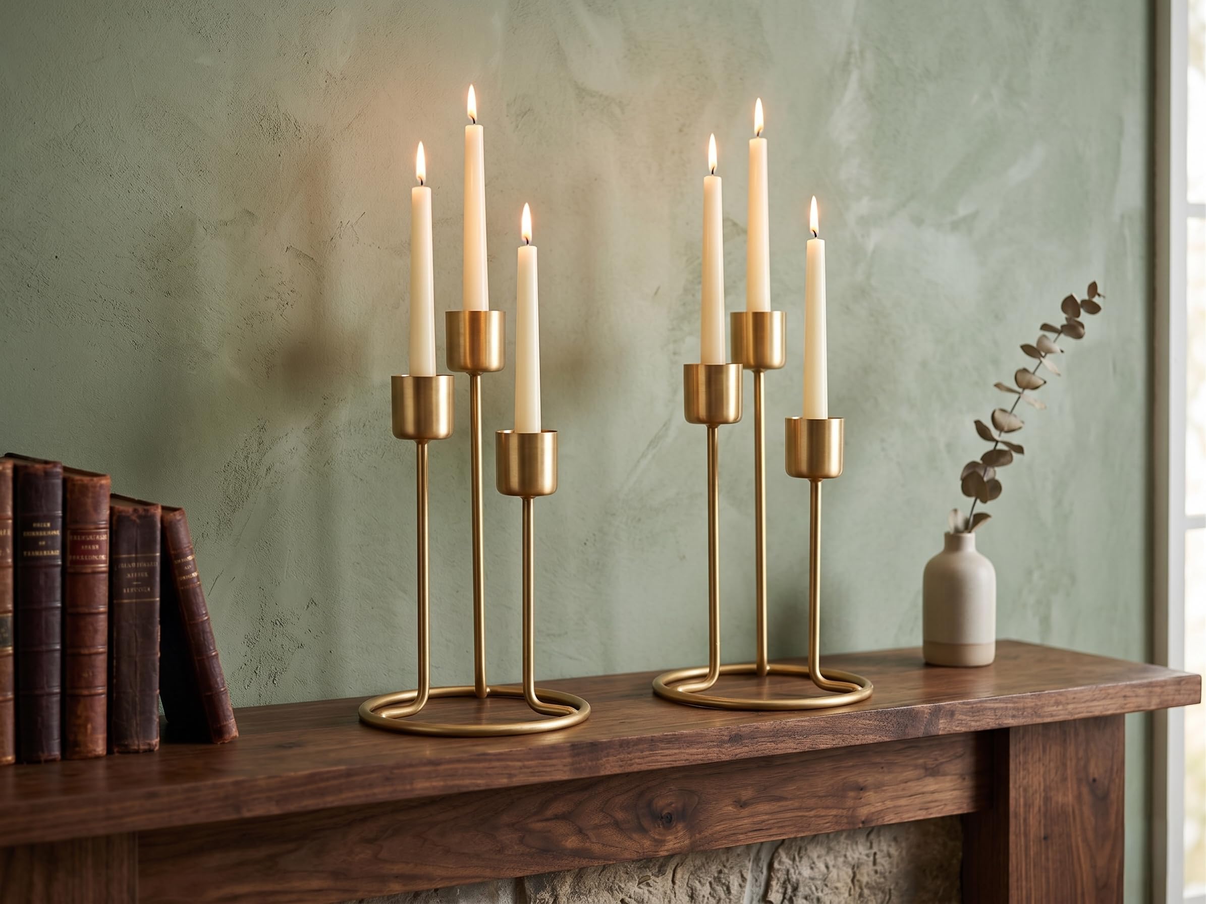 Metal Core 3-Head Gold Taper Candle Holder | Modern Metal Candelabra Centerpiece | Decorative Minimalist Candlestick Stand for Dining Table, Living Room, Weddings & Diwali Decor
