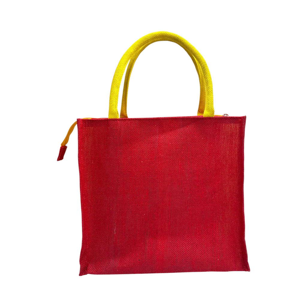 JUTEKA Multicolor Jute Bag for Shopping, Lunch, Tiffin, Grocery with Zip Closure and Padded Cotton Handles… (Red)